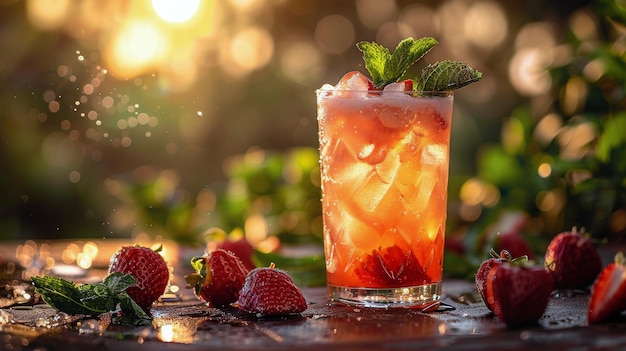 Dos vasos de fruta y hielo en la mesa