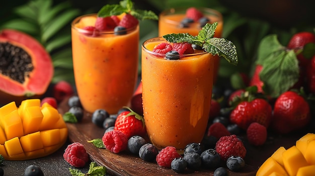 Foto dos vasos de frutas y bayas sentados en una mesa de madera