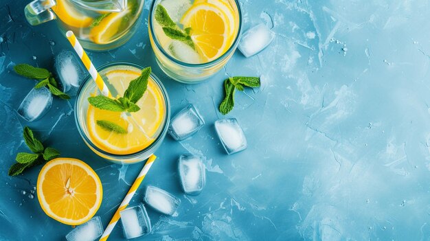 Dos vasos y una jarra sobre un fondo azul Generativo Ai