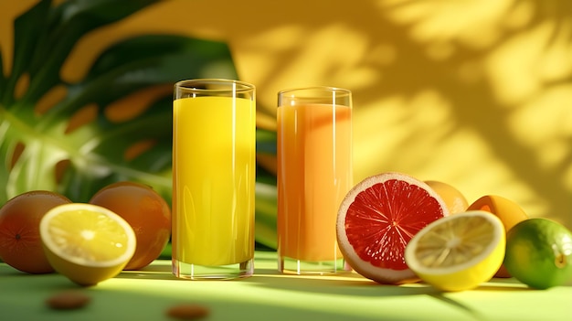 Dos vasos de jugo de cítricos de colores recién exprimido generado por Ai