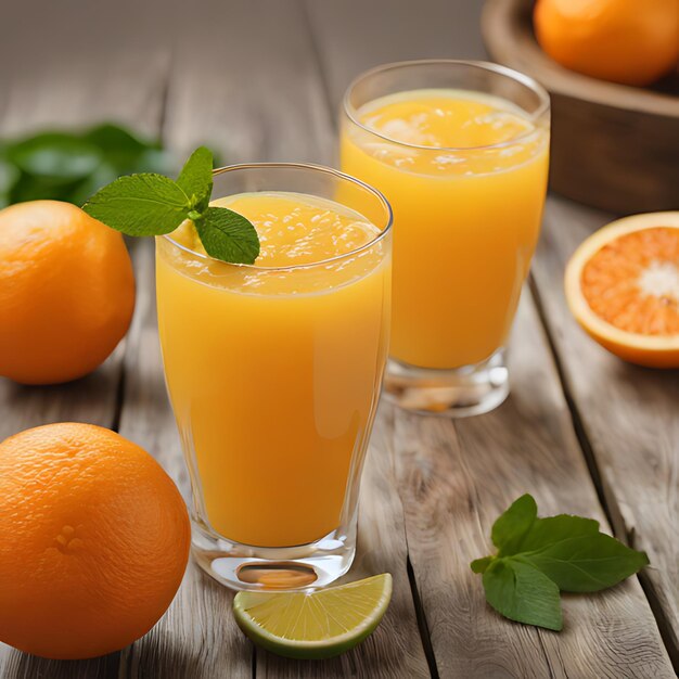 dos vasos de jugo de naranja y dos naranjas en una mesa de madera