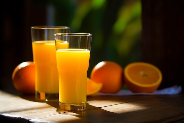 Dos vasos de jugo de naranja en la mesa con naranjas en el fondo IA generativa