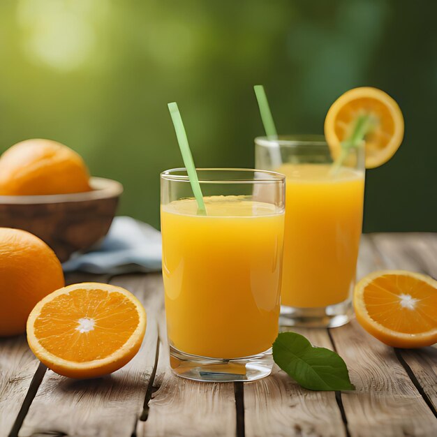 dos vasos de jugo de naranja sentados en una mesa de madera con dos naranjas y una canasta de naranjas