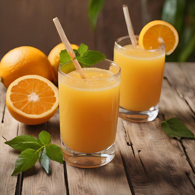 dos vasos de jugo de naranja sentados en una mesa de madera con dos naranjas y una paja