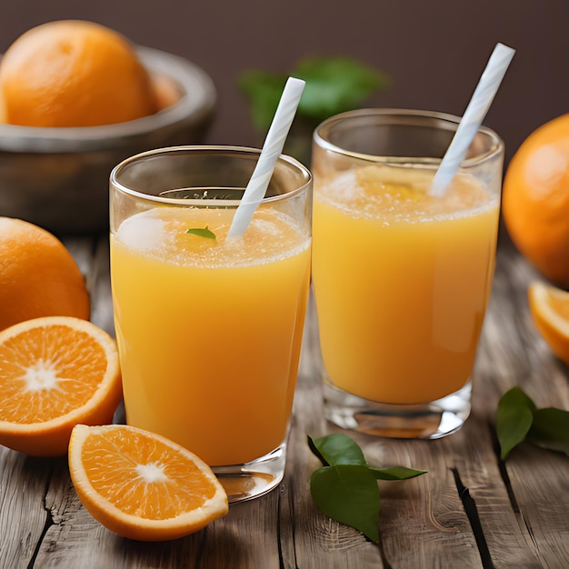 dos vasos de jugo de naranja sentados en una mesa de madera con dos naranjas