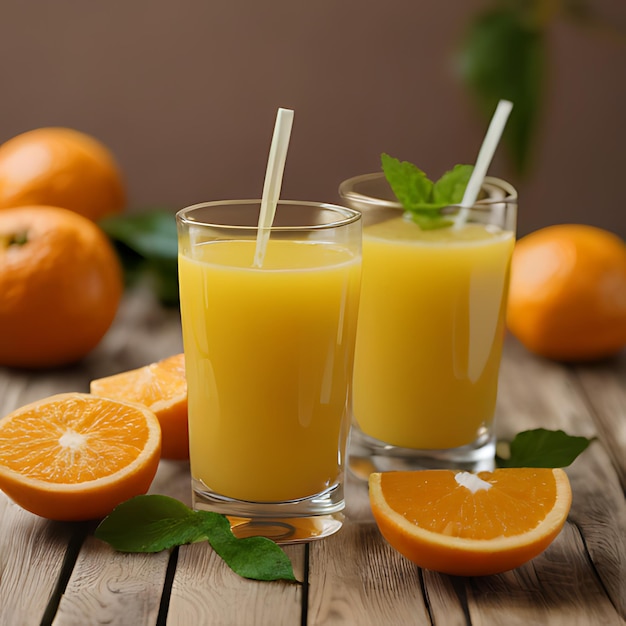 dos vasos de jugo de naranja sentados en una mesa de madera con naranjas y una paja