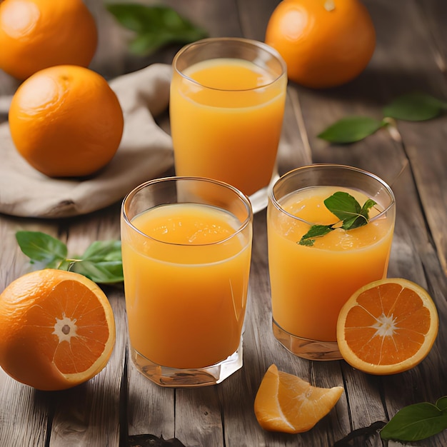 dos vasos de jugo de naranja sentados en una mesa de madera