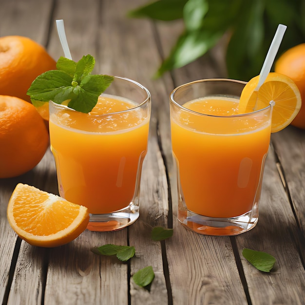 dos vasos de jugo de naranja sentados en una mesa de madera