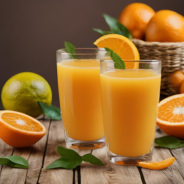 dos vasos de jugo de naranja se sientan en una mesa de madera con una canasta de naranjas y una canasta De naranjas