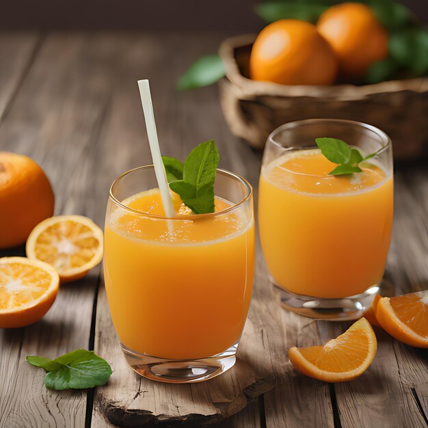 dos vasos de jugo de naranja se sientan en una mesa de madera con dos vasos