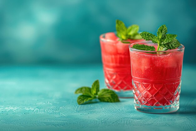 Foto dos vasos de jugo de sandía con hojas de menta en ellos