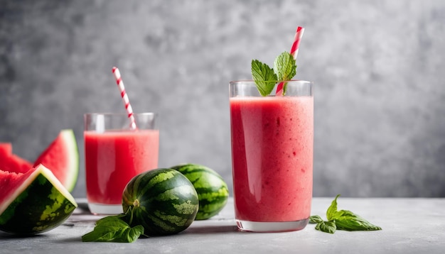 Dos vasos de jugo de sandía con pajitas