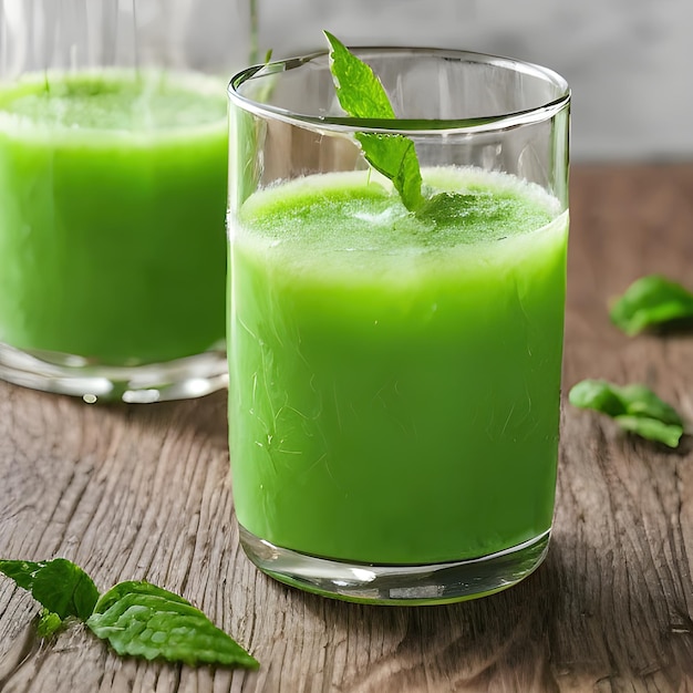 Dos vasos de jugo verde con hojas de menta en una mesa de madera con hojas de menta al costado