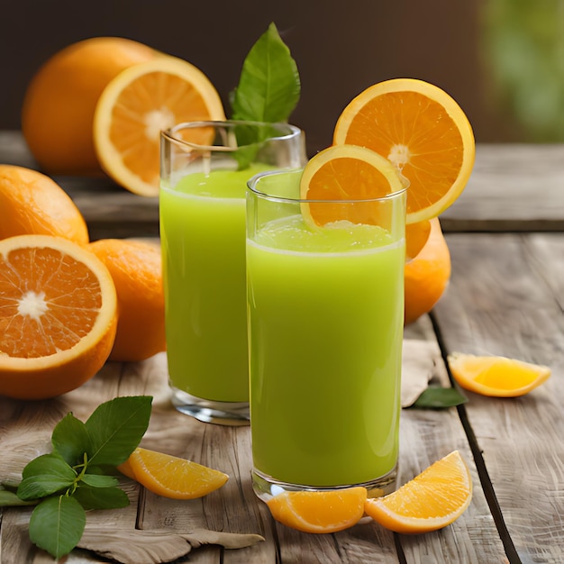 dos vasos de jugo verde con líquido verde y naranjas en una mesa de madera