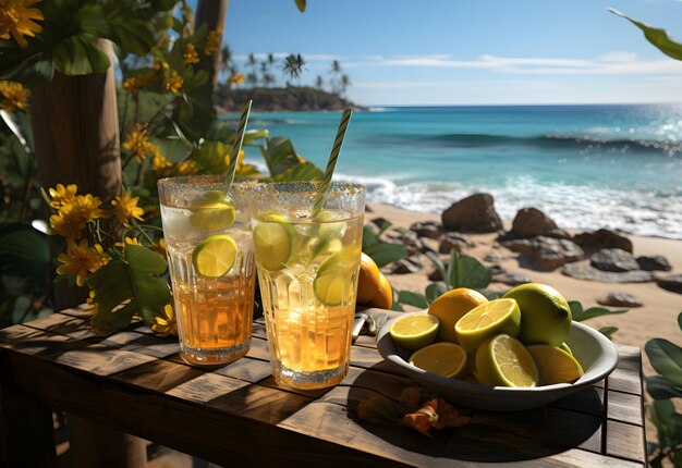 Dos vasos de limonada con cubitos de hielo y rodajas de limón en una mesa de madera junto al mar