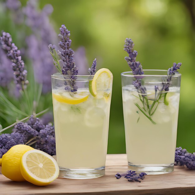 Foto dos vasos de limonada y dos limones con un limón en el lado