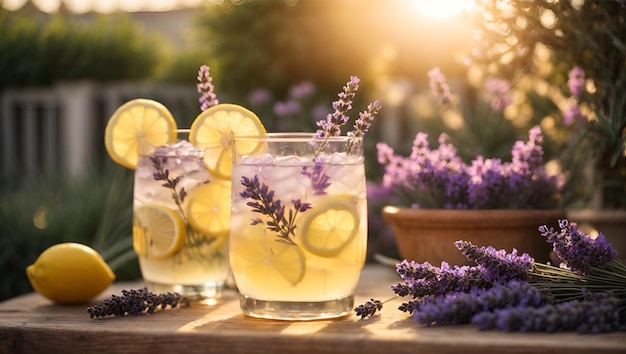 Dos vasos de limonada y flores de lavanda en el jardín, hora dorada, sol, Ai Generado