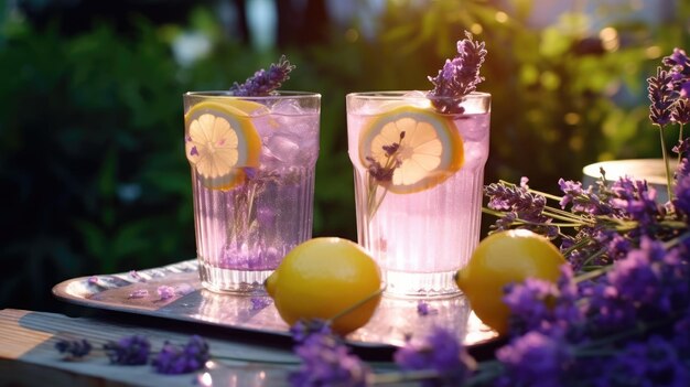 dos vasos de limonada y flores de lavanda