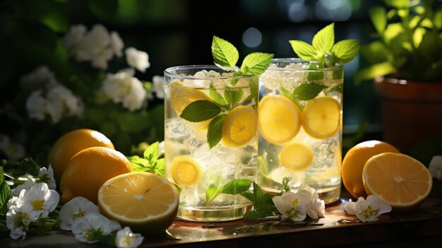 Dos vasos de limonada con rodajas de limón y hojas de menta