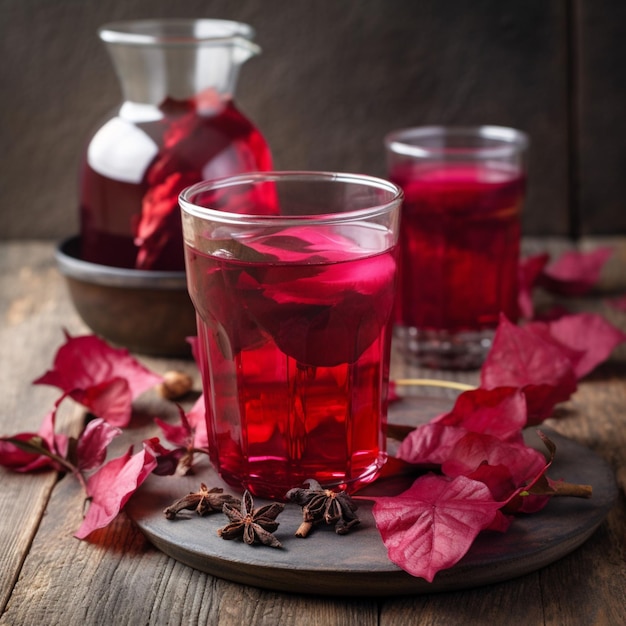 Dos vasos de líquido rojo con hojas sobre una mesa de madera.