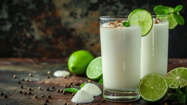 Dos vasos llenos de leche y rebanadas de lima