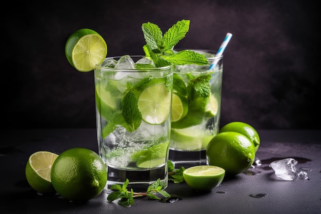 Dos vasos de mojito con limas y menta sobre un fondo oscuro