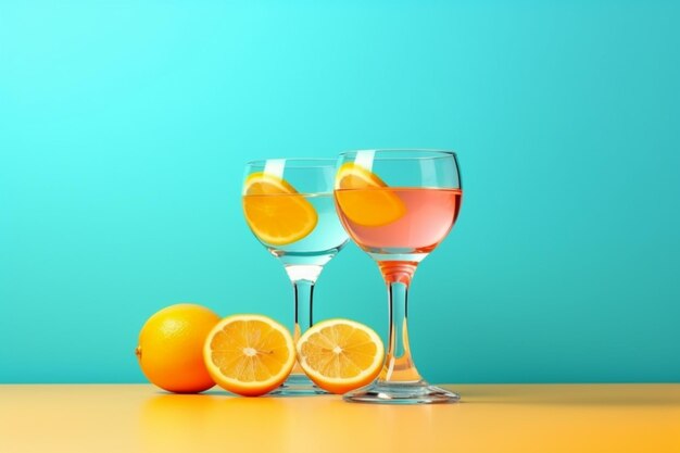 Dos vasos de naranjas y un fondo azul con naranjas.