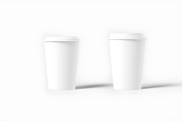 Foto dos vasos de papel blanco aislado sobre fondo blanco.