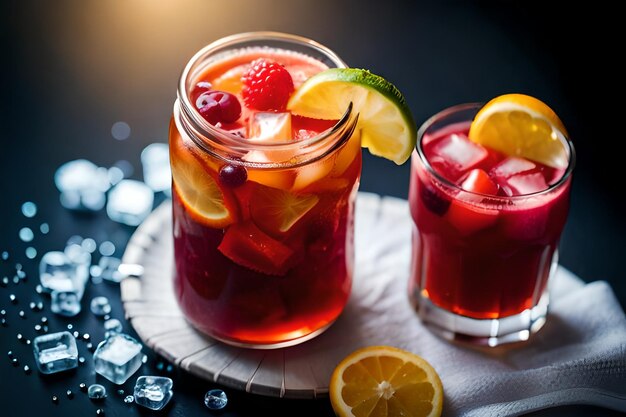 Dos vasos de sangría con una rodaja de limón y un vaso de hielo