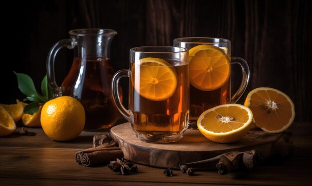 dos vasos de té con rodajas de naranja y especias