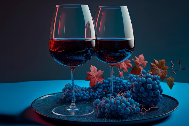 Dos vasos de uvas azules con vino tinto aislado sobre fondo azul.