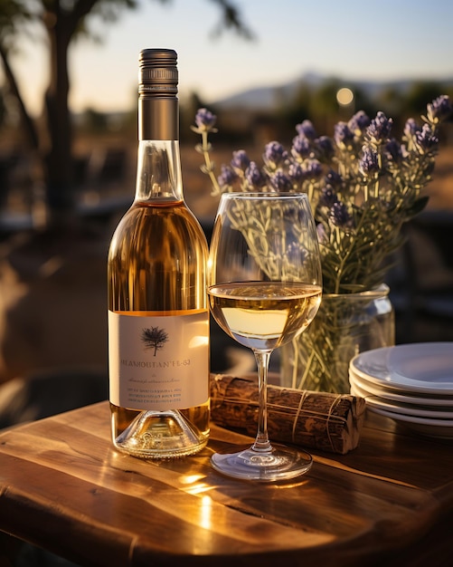 Dos vasos de vino blanco y una botella en un campo de lavanda en Provenza Flores violetas IA generativa