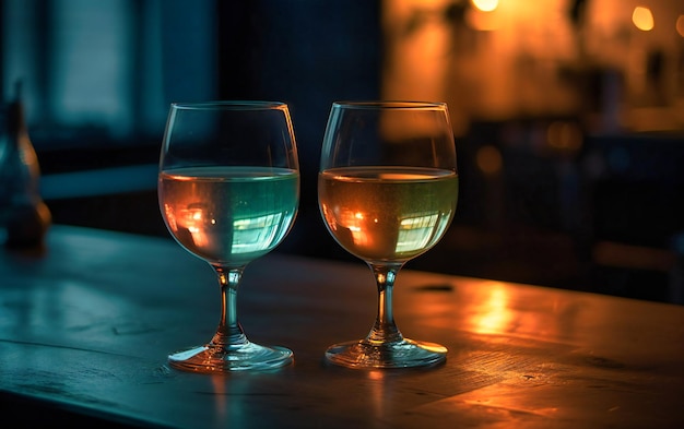 dos vasos de vino blanco en un restaurante de lujo