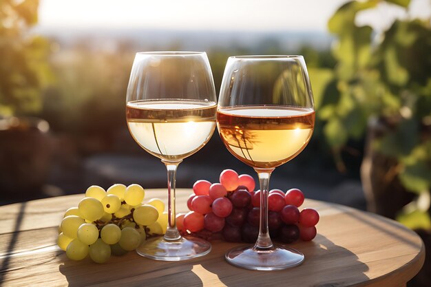 Foto dos vasos de vino blanco y uvas en una mesa de madera en el viñedo