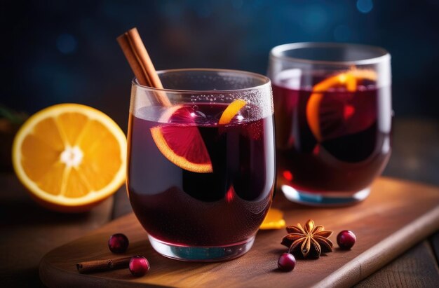 Foto dos vasos de vino caliente sin alcohol bebida tradicional de navidad bebida de invierno con canela naranja y especias vino caliente caliente con alcohol fondo oscuro