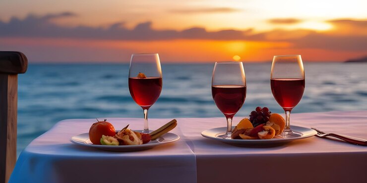 dos vasos de vino con frutas y verduras en una mesa con un atardecer en el fondo