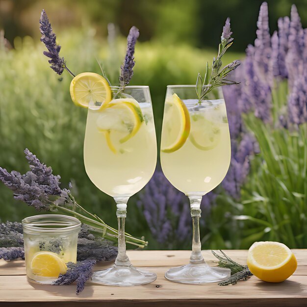 dos vasos de vino con limones y flores de lavanda en una mesa