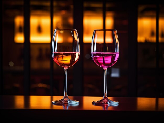 Dos vasos de vino en un mostrador de un bar en un club nocturno