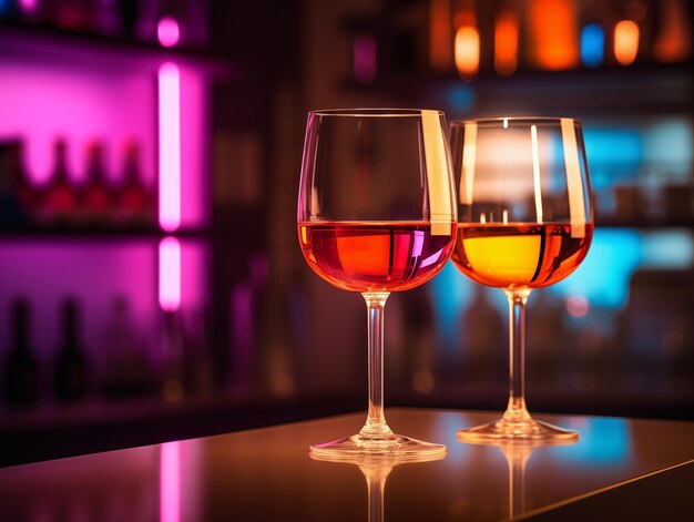 Dos vasos de vino en un mostrador de un bar en un club nocturno