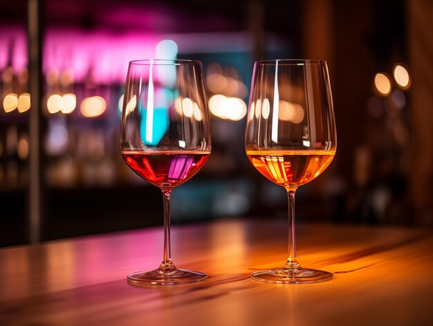 Dos vasos de vino en un mostrador de un bar en un club nocturno