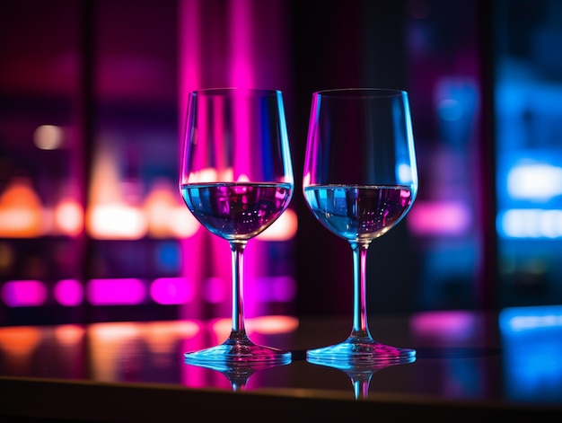 Dos vasos de vino en un mostrador de un bar en un club nocturno