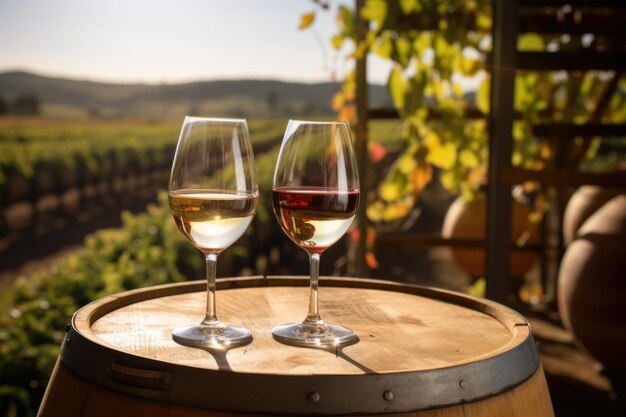 Dos vasos de vino rojo y blanco en barriles de madera con telón de fondo de viña