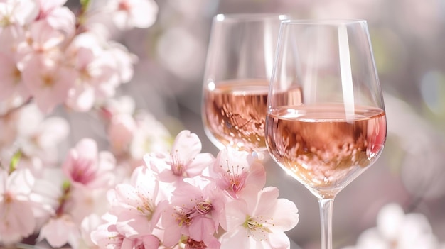 Dos vasos de vino de rosas colocados en una mesa con el suave rubor de las flores de cerezo en el fondo