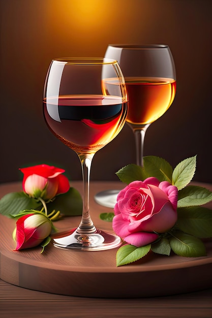 Dos vasos de vino de rosas Vida muerta con vino y flores