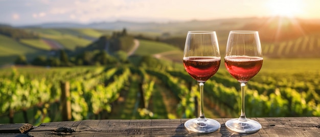 Dos vasos de vino tinto con un paisajístico telón de fondo de viñedo en un día soleado