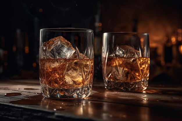 Dos vasos de whisky en una barra de bar con cubitos de hielo