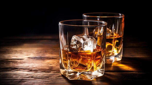 Dos vasos de whisky con cubos de hielo en una mesa de madera encimera vintage con resaltado y un vaso de licor fuerte