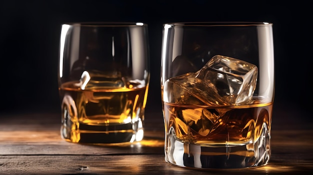 Dos vasos de whisky en una mesa de madera con cubitos de hielo