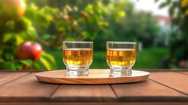 Dos vasos de whisky se sientan en una bandeja de madera en una mesa con un jardín verde en el fondo.