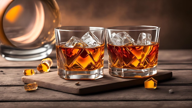 Dos vasos de whisky se sientan en una mesa con una botella de whisky detrás de ellos.